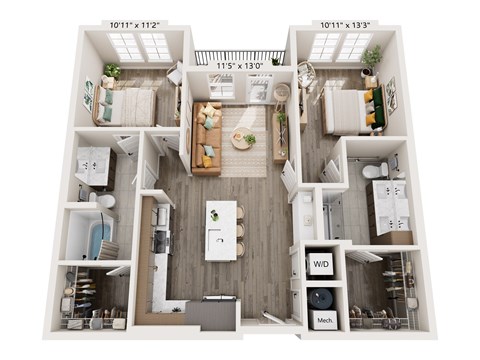 A floor plan of a small apartment with a kitchen, living room, and bathroom.